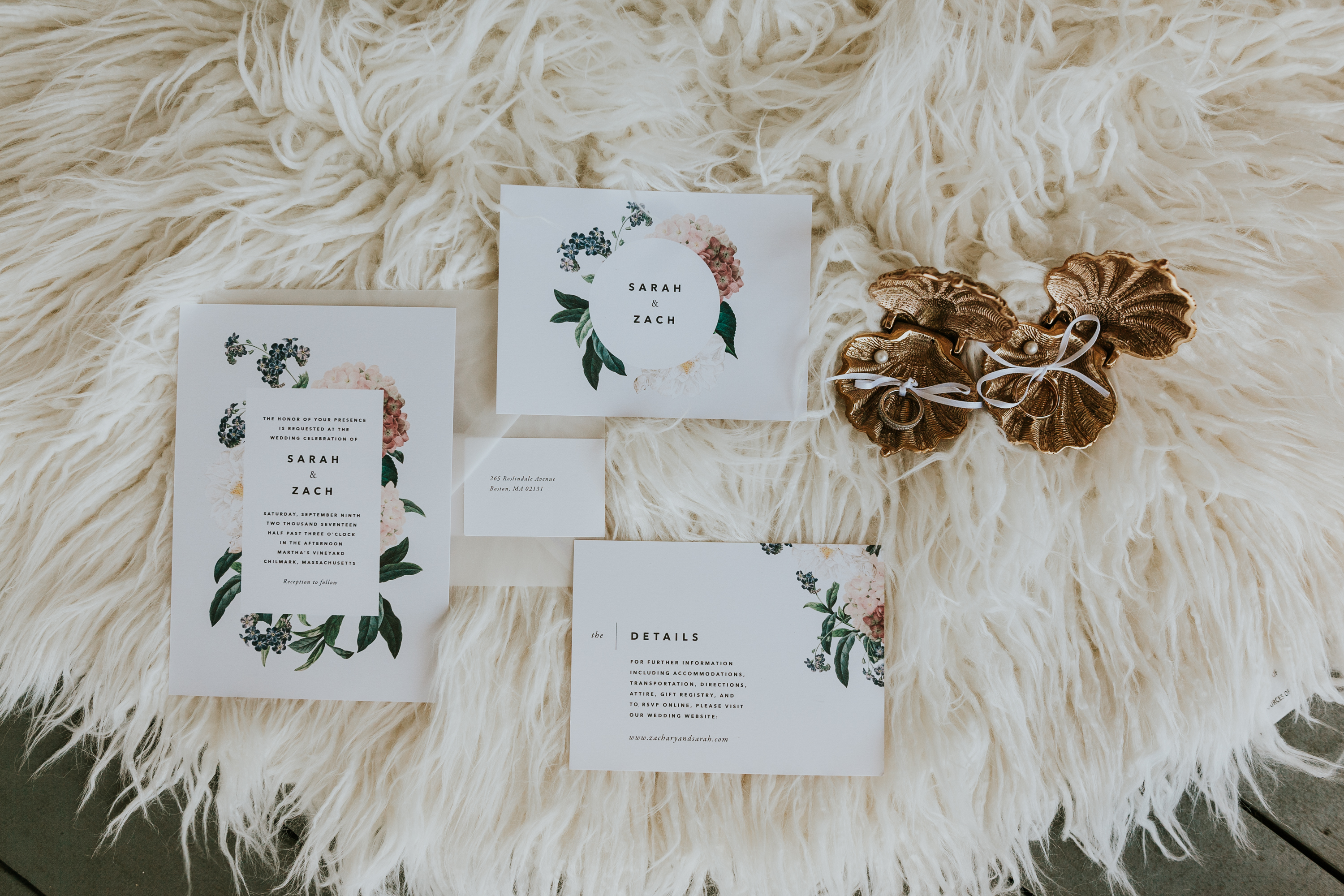 Invitation Suite, sarah and zach wedding invitations, floral invitation suite, wedding day details, floral invites on sheepskin rug, wedding rings in seashell