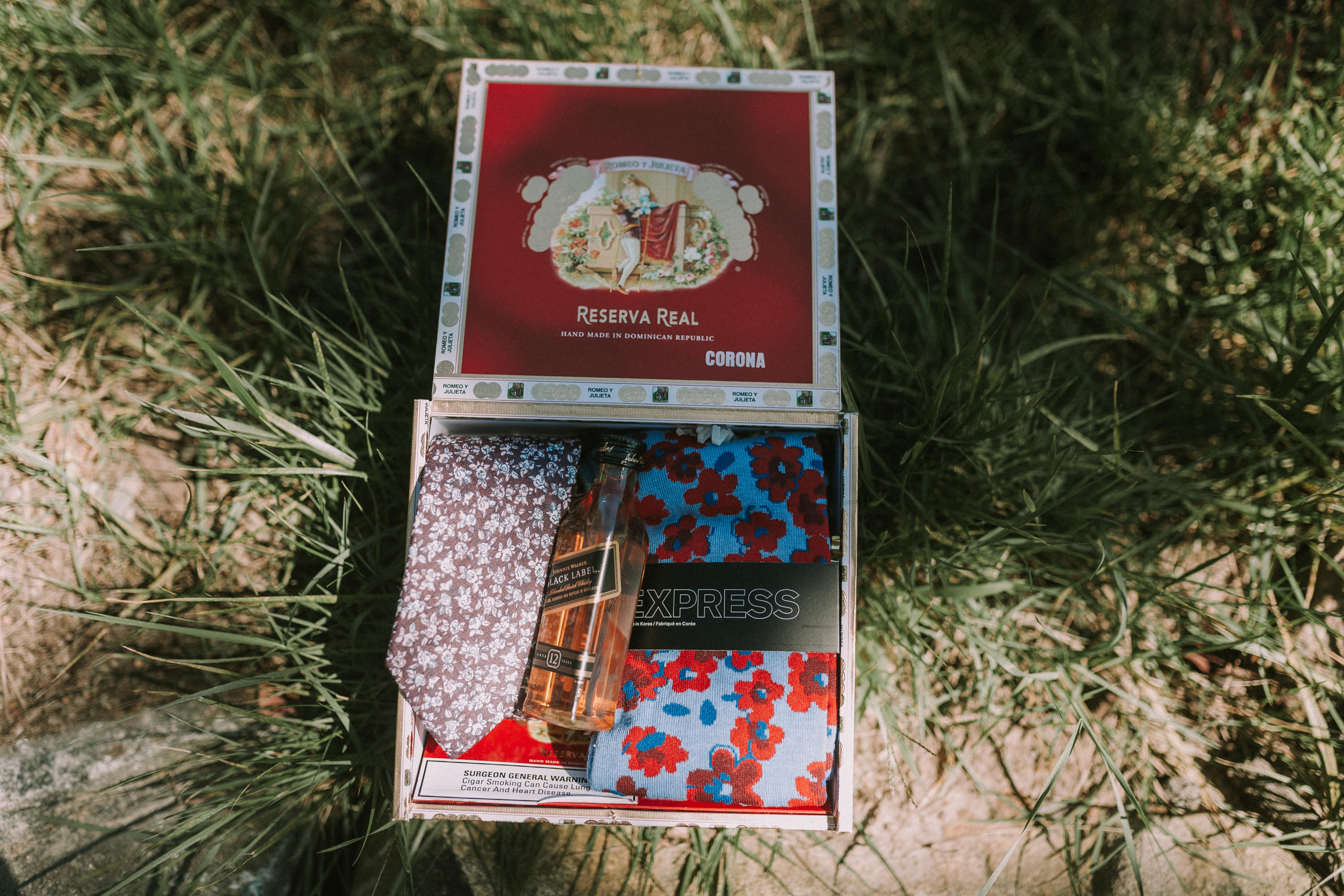 groomsmen gift, tie, groomsmen box on grass, whisky, nip, express tie, groomsmen gift cigar box, cigar box gift