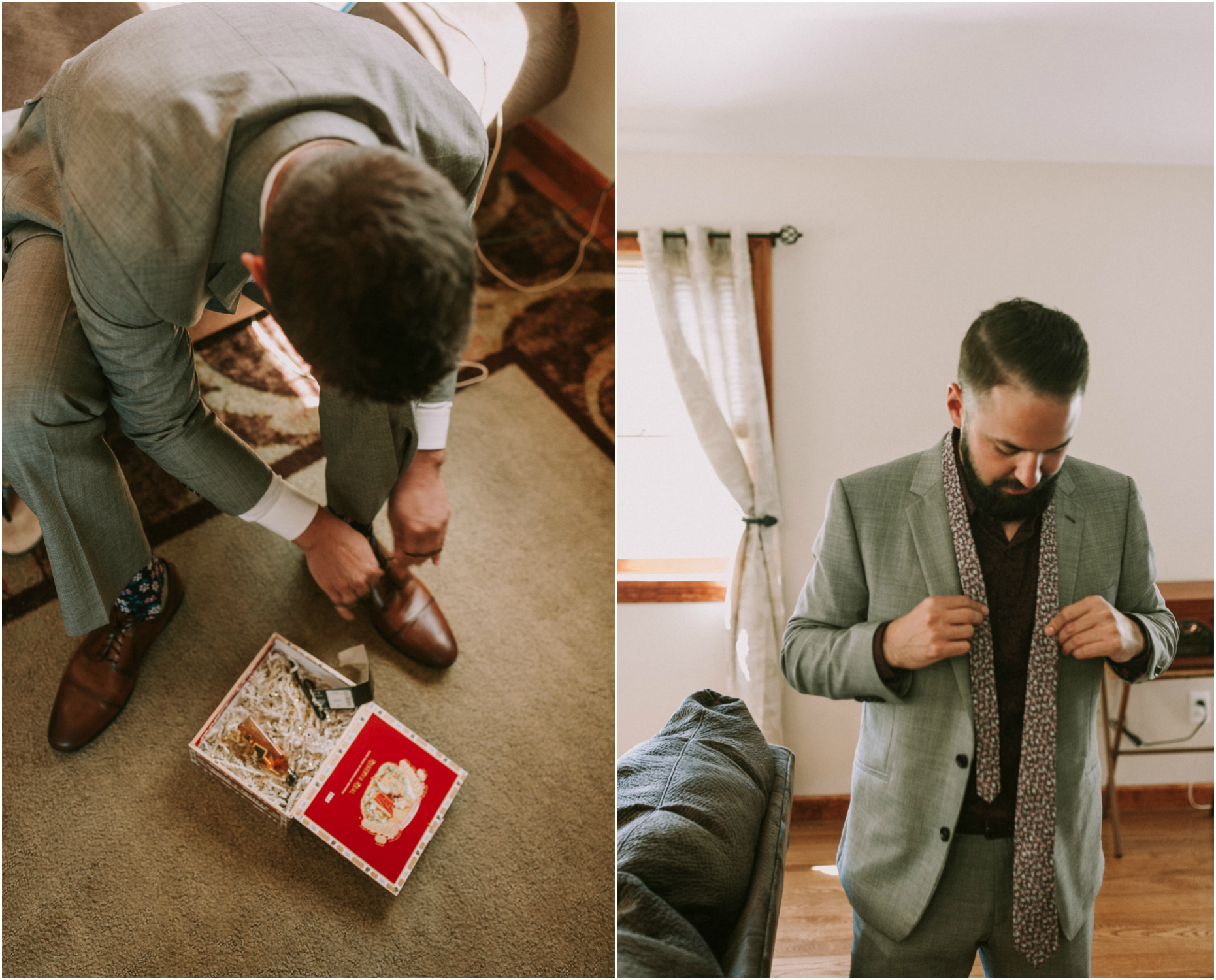 cigar box gift, tie in cigar box, groom putting on tie, groom tying tie, groom floral tie, purple tie wedding