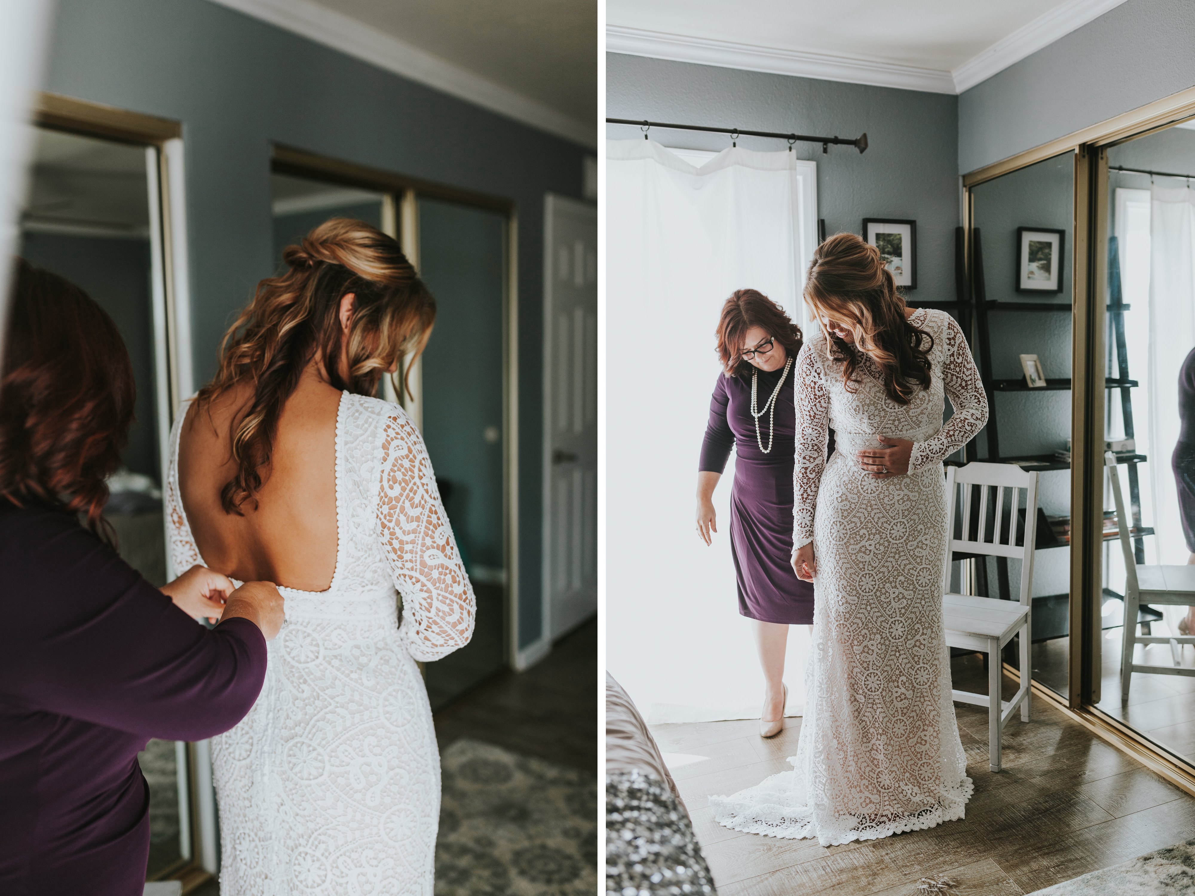 bride getting her dress on, mother of bride zipping up dress