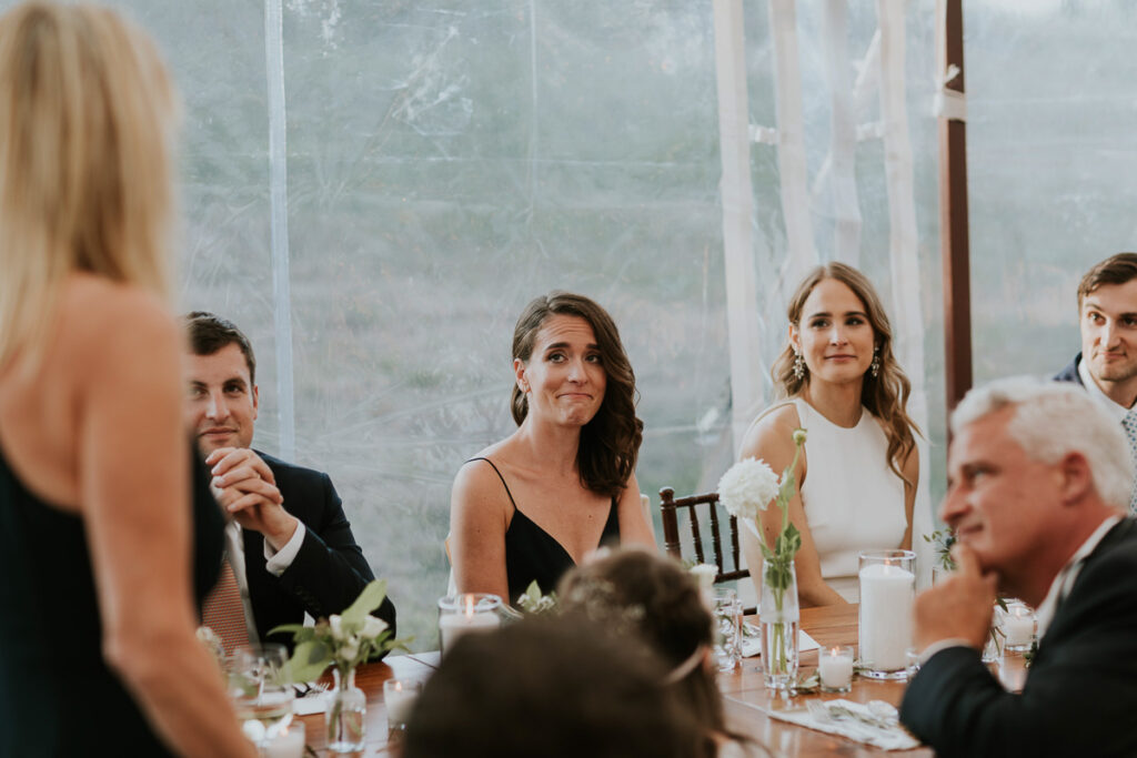 bridal party cries during Mother of the Bride's speech during a Cape Cod wedding reception