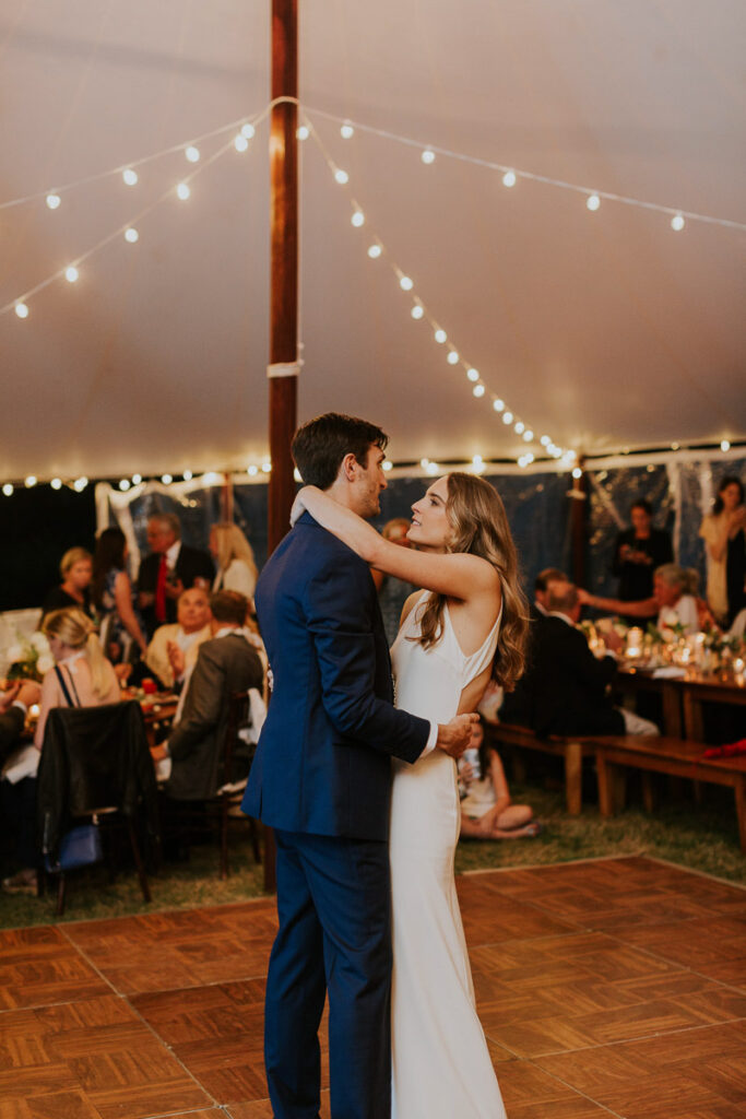 bride and groom share their first dance at their Cape Cod wedding reception